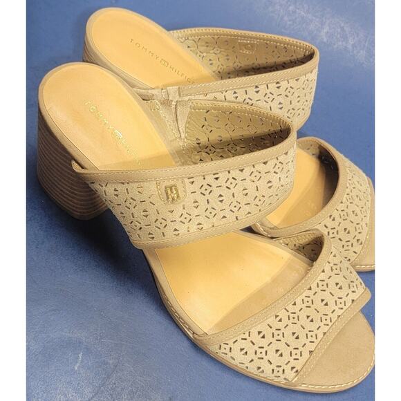 Tommy Hilfiger Slacked block heels Tan Platform Sandals SZ 10M opentoe - Picture 5 of 11